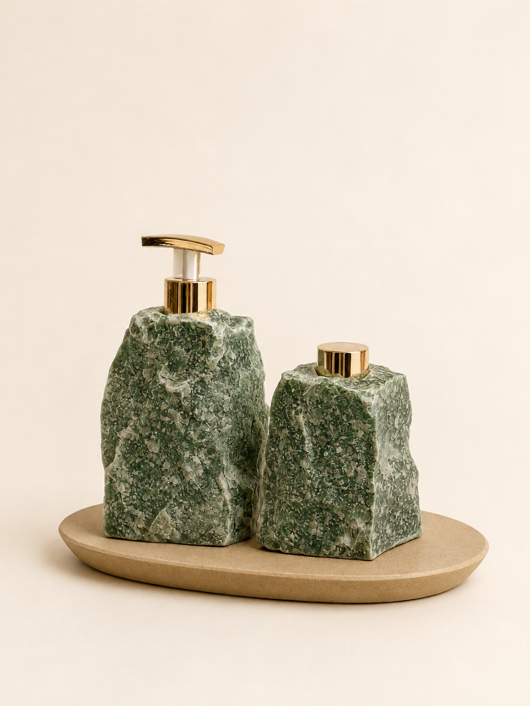 Kit Para Banheiro/Lavabo em Pedra Natural Quartzo Verde - Saboneteira e Difusor.