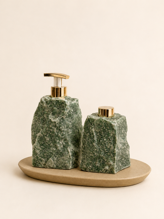 Kit Para Banheiro/Lavabo em Pedra Natural Quartzo Verde - Saboneteira e Difusor.
