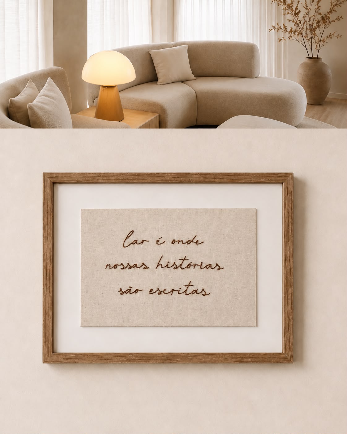 Quadro Bordado com Moldura em Madeira - Lar é Onde Nossas Histórias São Escritas.